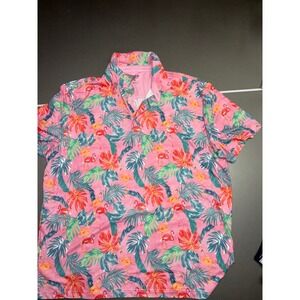 Izod Golf Mens XL Polo Shirt Pink Flamingo Tropical Palm Leaf Performance